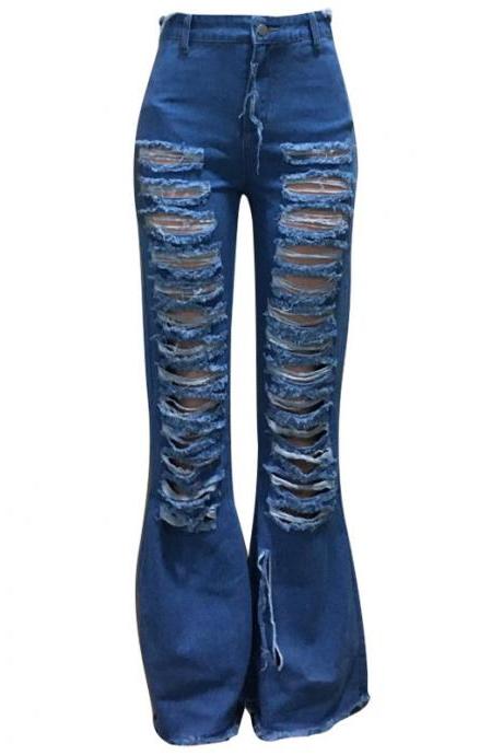  Sexy Ripped jeans Fringe Hollow out Ruffle Flare denim Pants High Waist Bodycon Hole Women Trousers Club Outfits