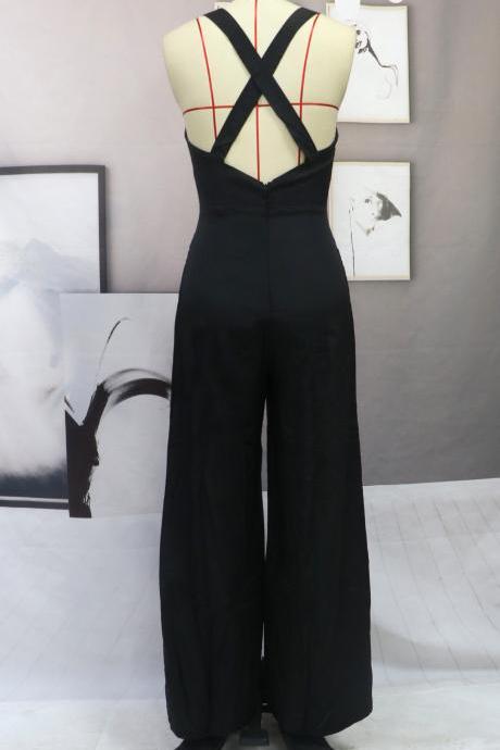 New Jumpsuit Wide Leg Pants Straight Type Mid Waist Open Back Black Thin Trousers 