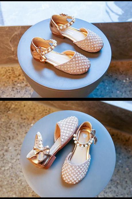 Spring summer new children girl leather shoes, Princess shoes, Pearl toe half sandals