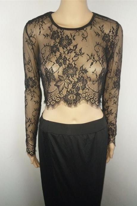  women 2 piece set Sexy Lace Tops Gothic Women Black Hollow Out Short Tops Summer Long Sleeve Party Nighclub Transparent Tops
