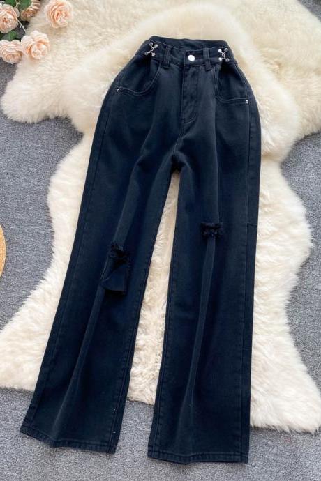  Denim Hole Pants Women Straight Autumn Slim Pocket Button Zipper Korean Style Ladies Loose Wide Leg Long Pants