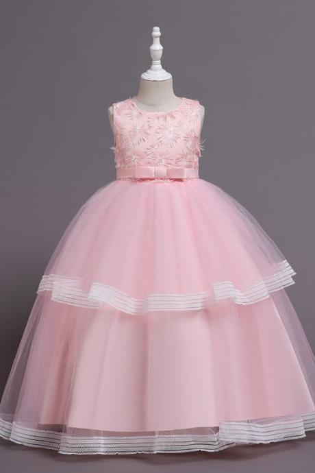 Flower Girl Wedding Banquet Lace Long Dress Kids Puffy Lace Bow Birthday Party Dress Pageant Ball Gown Formal Dress