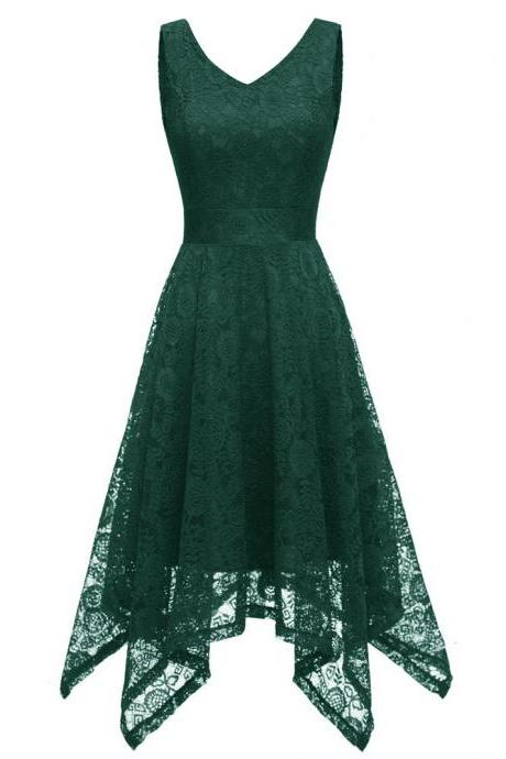 New Women Irregular Derss Fall New Lace Sleeveless Deep V-Neck Dress