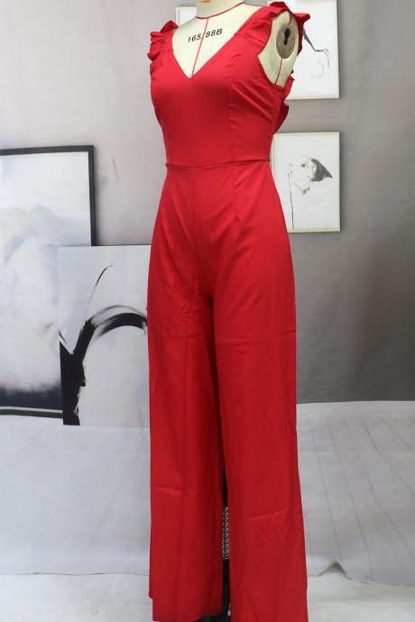  Summer Jumpsuit Women Casual Pants Deep V Backless Slim Fit Sleeveless Sexy Straight Pants