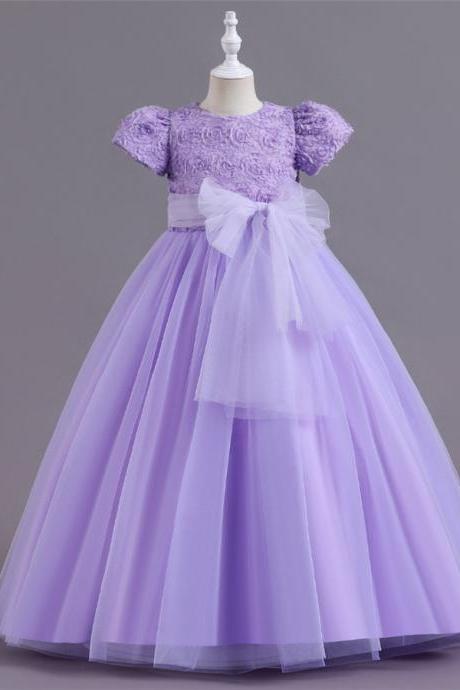 Children Princess Dress Girl&amp;#039;s Rose Blossom Bowknot Pomfret Long Dress
