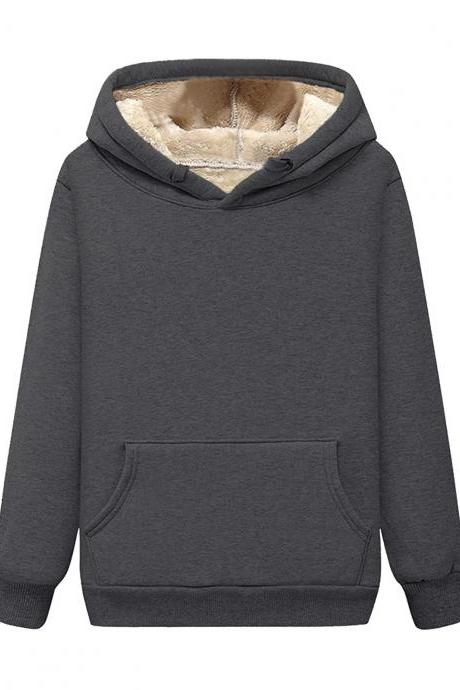 Autumn Winter Women Wear Hooded Drawstring Guards Solid Color Thickened Plush Coat