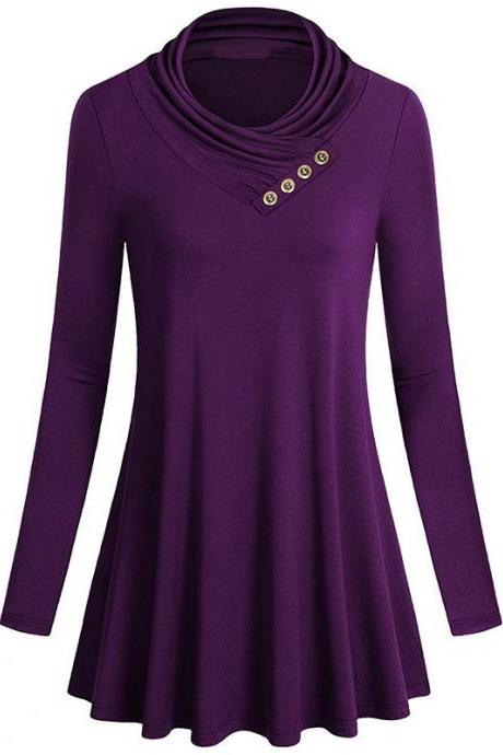 Women Button Irregular Dresss Pleated Medium Length Top