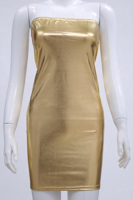 Women Nightclub Stage Dress Performance Gilded Patent Leather Pu Strapless Dress