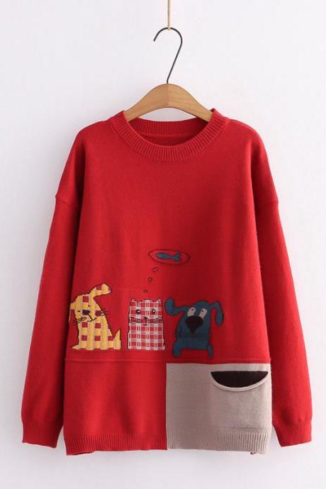 College Style Fun Cartoon Cat Dog Pullover Sweater Loose Student Sweater Autumn Top