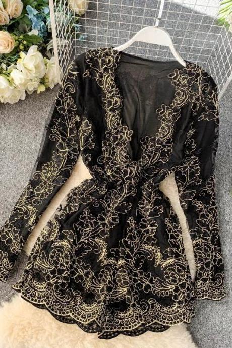 Spring Autumn V-neck Hollow Out Lace Playsuits Women Bodycon Hook Flower Jumpsuits Female Long Sleeve Mesh Rompers Bodysuit
