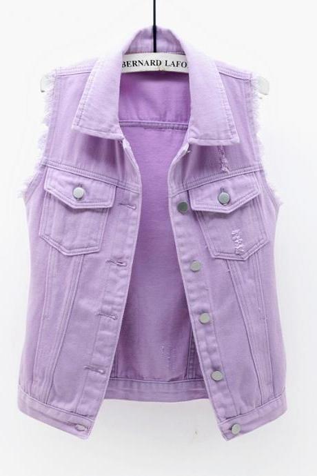 Women Sleeveless Casual Coats Vest Turn-down Collar Solid Single-breasted Denim Tops Pockets Jacket