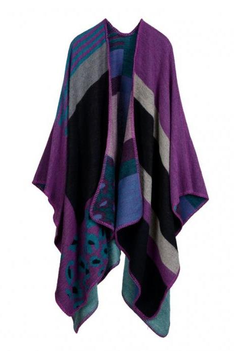 Women Lady Faux Cashmere Scarf Plaid Poncho Cape Floral Wrap Shawl Blanket Cloak