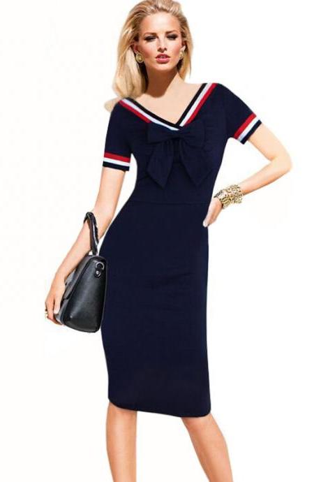 Vintage Polka Dots Short Sleeve Slim Office Casual Women Summer Bow Sheath Bodycon Pencil Dress navy blue color