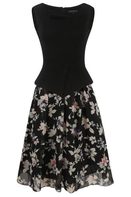Women Sleeveless Chiffon Summer Floral Patchwork Fake Two Pieces Party Swing Casual Dresses black color