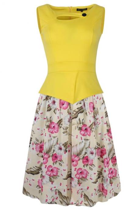 Women Sleeveless Chiffon Summer Floral Patchwork Fake Two Pieces Party Swing Casual Dresses yellow color