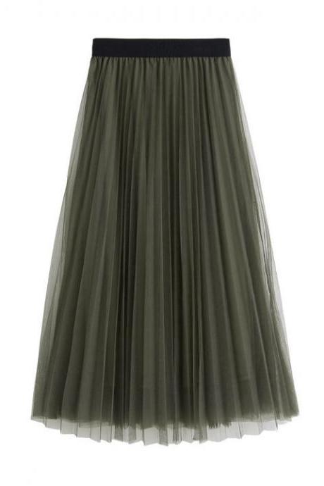 Women Tulle Skirts Elastic High Waist Lady Long Skirt Womens Tutu Maxi Pleated Skirt 85cm Army Green Color
