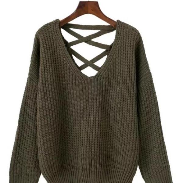 Autumn Winter Women Knitted Loose Sweaters Long Sleeve Street Back Lace ...