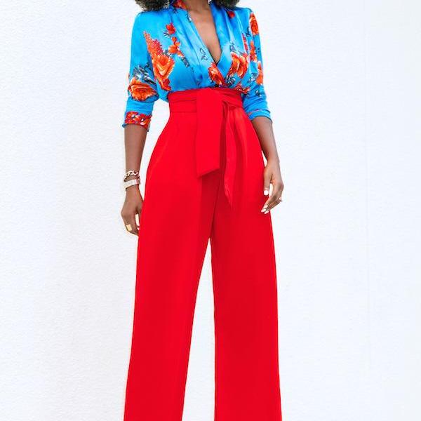 Women Wide Leg Pants High Waist Belted Casual Ol Work Office Long