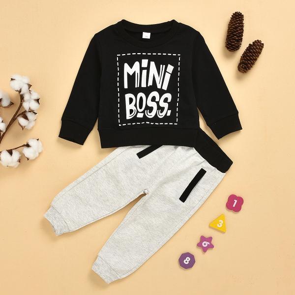  Two-Piece Set Spring Autumn Boy Round Neck T-Shirt +Gray Harem Pants suit