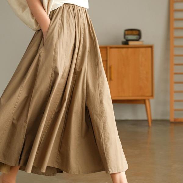 Johnature Cotton Solid Color Pleated Skirts Casual Elastic Waist 2021 Women Loose All-match Vintage Elegant A-Line Skirts