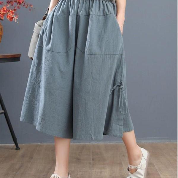  Summer Loose Bloomers Casual Elastic Waist Wide Leg Pants Large Size Middle Waist Women's Solid Color Culottes Cropped Pants