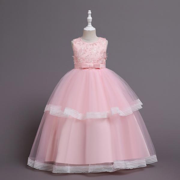 Flower Girl Wedding Banquet Lace Long Dress Kids Puffy Lace Bow Birthday Party Dress Pageant Ball Gown Formal Dress