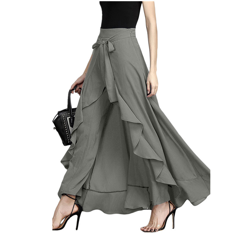 Women Wrap Skirts New Casual Fashion Tie-Waist Ruffles Wide Leg Loose ...