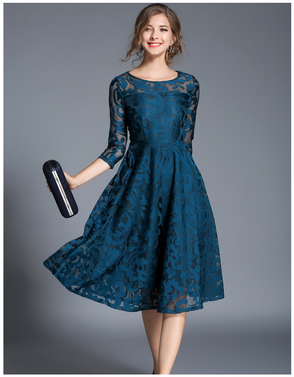 Vintage Floral Lace Dress Women 3/4 Sleeve O Neck A Line Work Casual ...