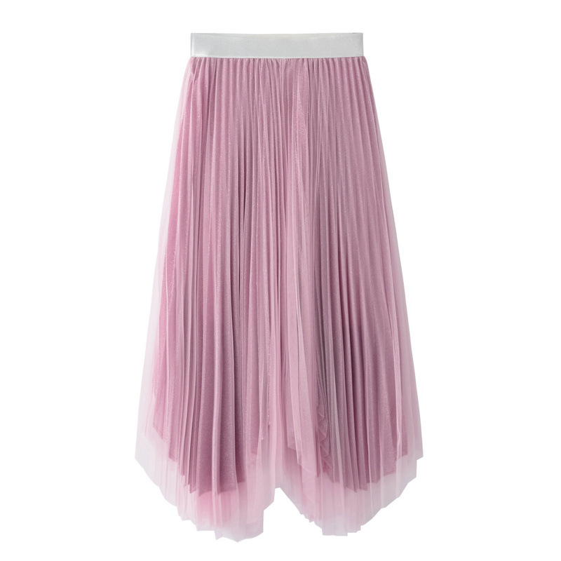 Women Midi Skirt Summer Asymmetrical High Waist Shiny A Line Long Tulle Pleated Skirt Pink On Luulla 