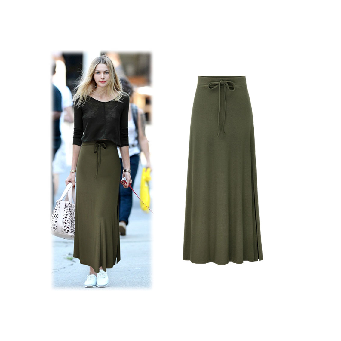 green maxi skirt outfit