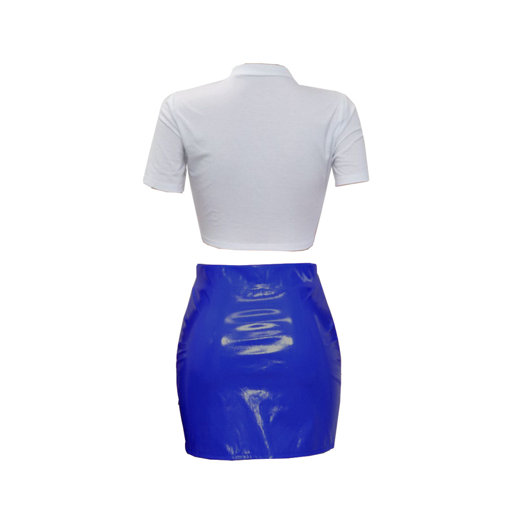 Women Tracksuit Summer Short Sleeve Crop Top+Mini Pu Leather Skirt Club ...