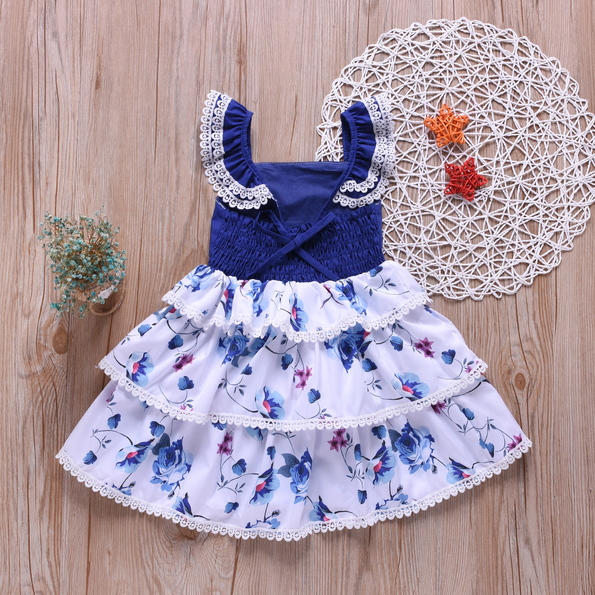 Kid Baby Girl Cothes Flying Sleeve Blue Cute Girl Layered Dress Floral ...