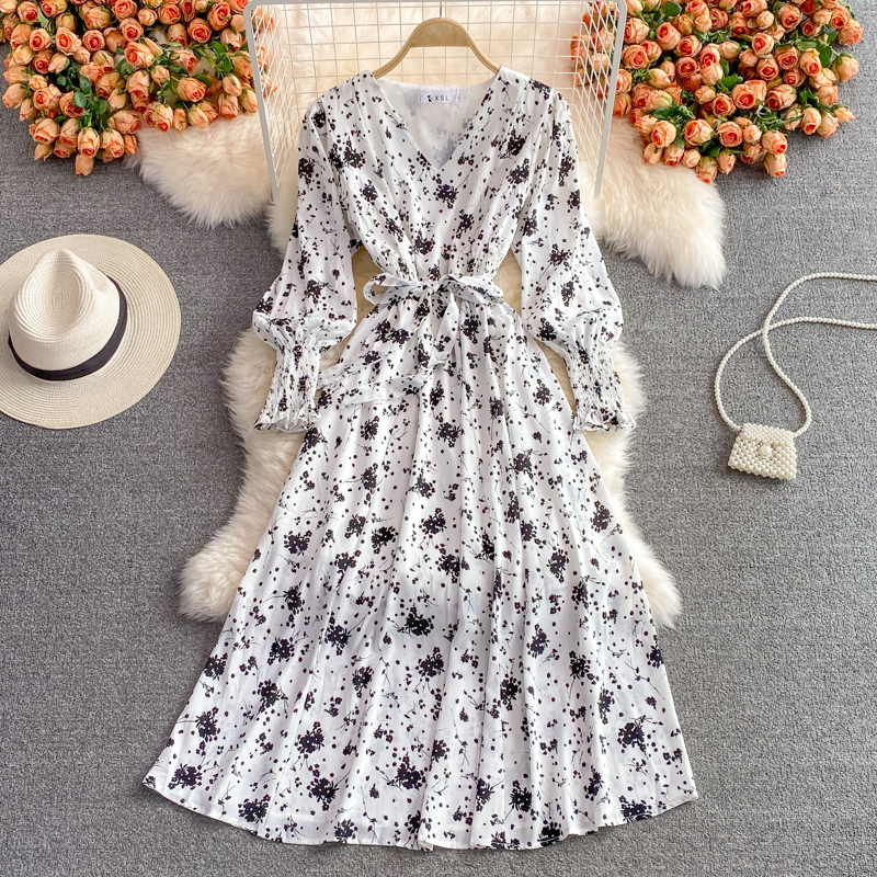 Cute V Neck Floral Dress Long Sleeve Fashion Autumn 2021 Long Dress on ...