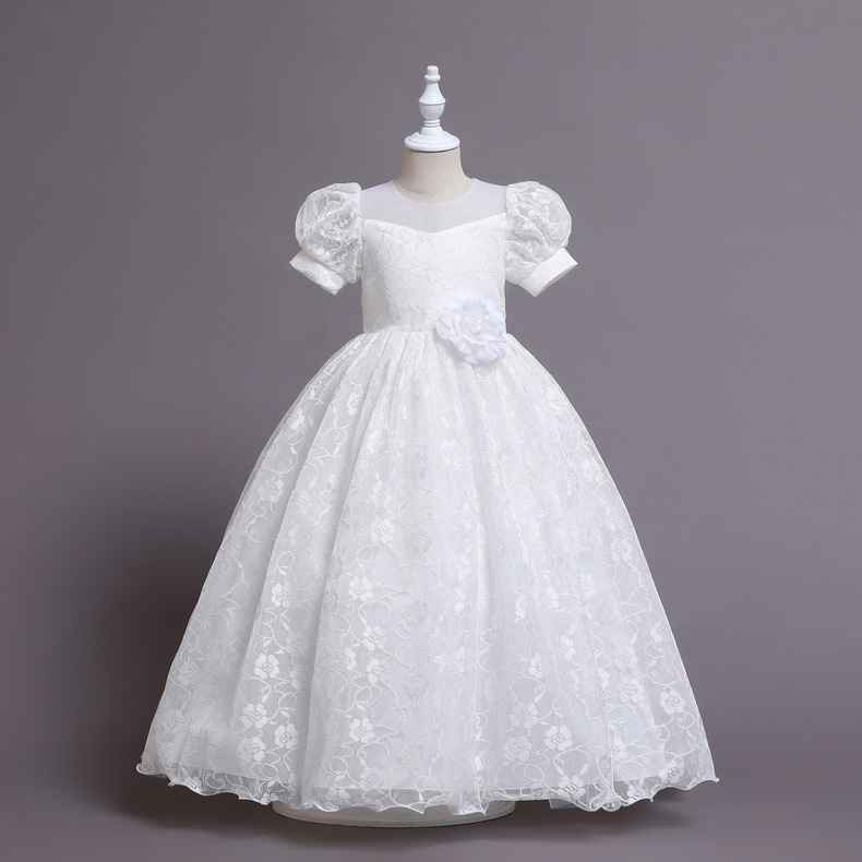 Flower Girl Wedding Banquet Lace Long Dress Kids Puffy Lace Bow ...