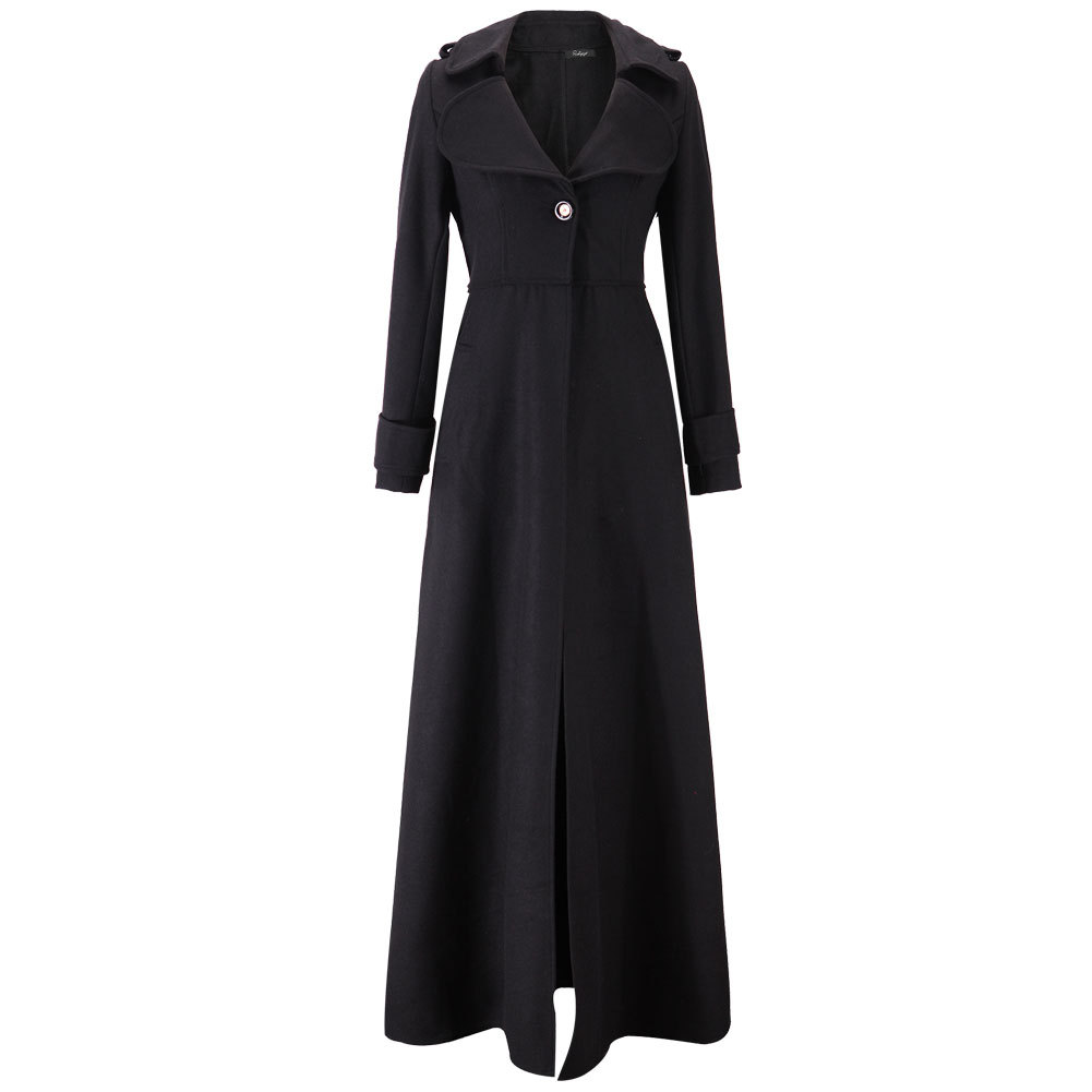 Floor Length Black Coat Women Jackets Cashmere Blend Long Sleeve Maxi Dress Wool Winter
